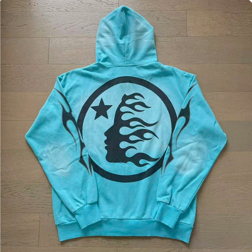 Graphic Teal Hoodie with Flame Design